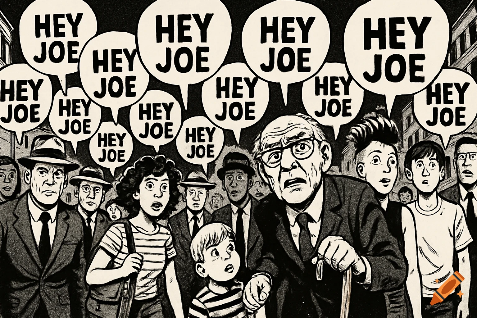 A black and white comic strip panel shows a crowd of people, some looking directly at the viewer, with many speech bubbles above their heads all saying "HEY JOE".
