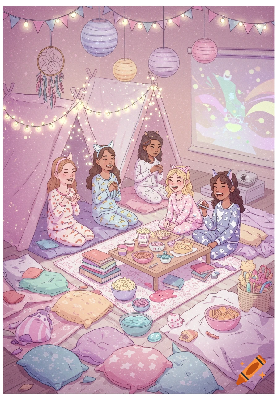 Five young girls in pajamas have a pastel illustrated sleepover, watching a movie, eating snacks surrounded by pillows.