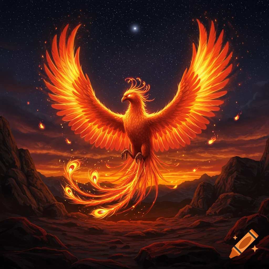 A vibrant orange and red phoenix with outstretched wings flies over a fiery, rocky landscape under a starry night sky.