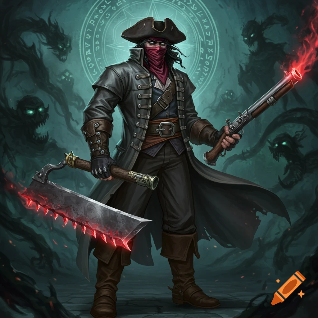 A dark fantasy illustration of a hunter in a tricorn hat and coat, holding a cleaver and blunderbuss, surrounded by shadowy creatures.