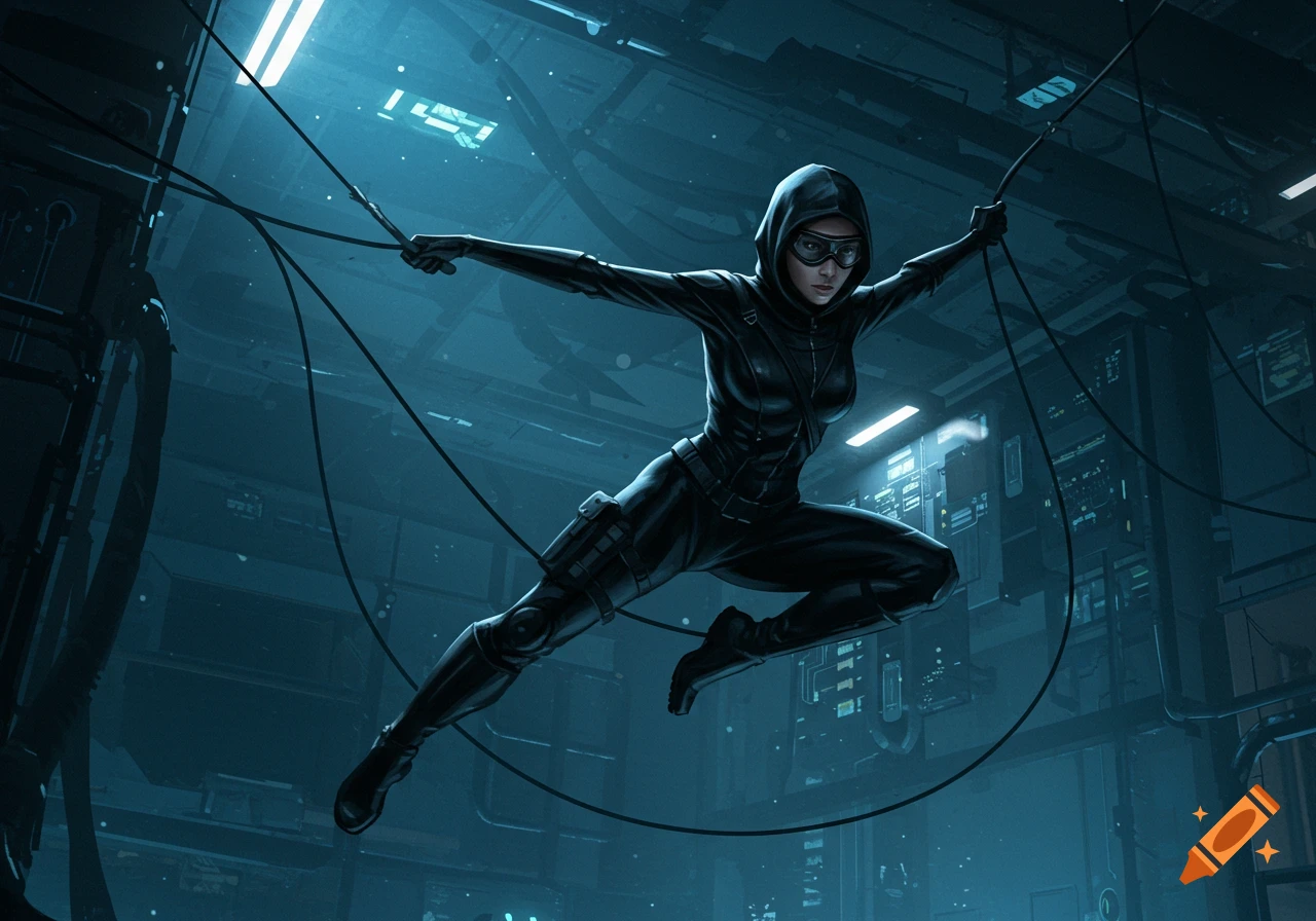 A female ninja or spy in a black hooded suit and goggles rappels through a dark, futuristic server room.