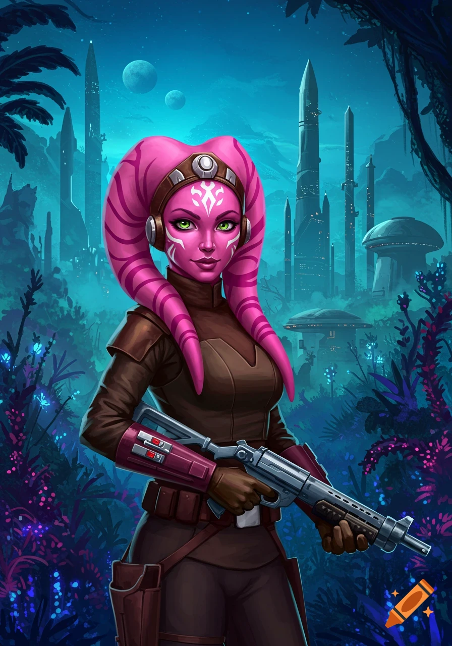 Vibrant digital painting of a pink-skinned Twi'lek woman holding a blaster in a lush alien landscape with futuristic buildings.