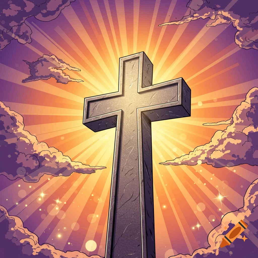 A 3D Christian cross in a comic style, glowing brightly against a sky with radiating light and clouds.