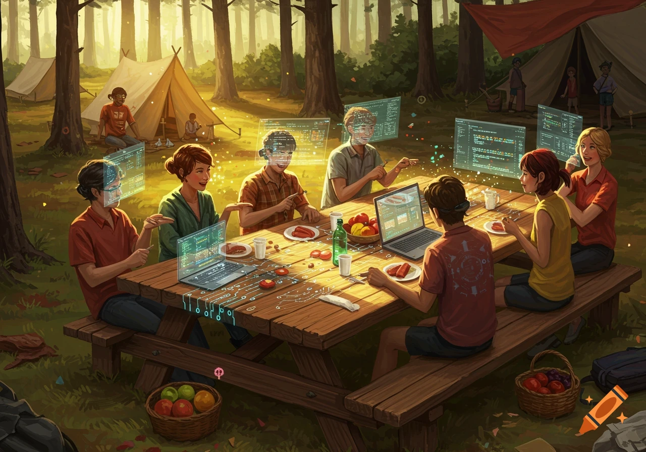 An illustration of people camping and having a picnic, engaging with futuristic holographic computer screens and laptops showing code.
