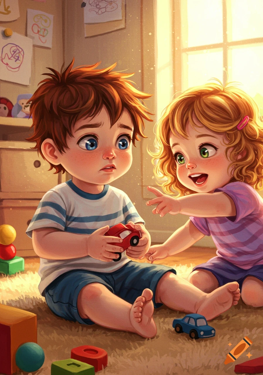 Two cartoon children, a boy and a girl, playing with toy cars on a carpeted floor in a sunlit room filled with toys.