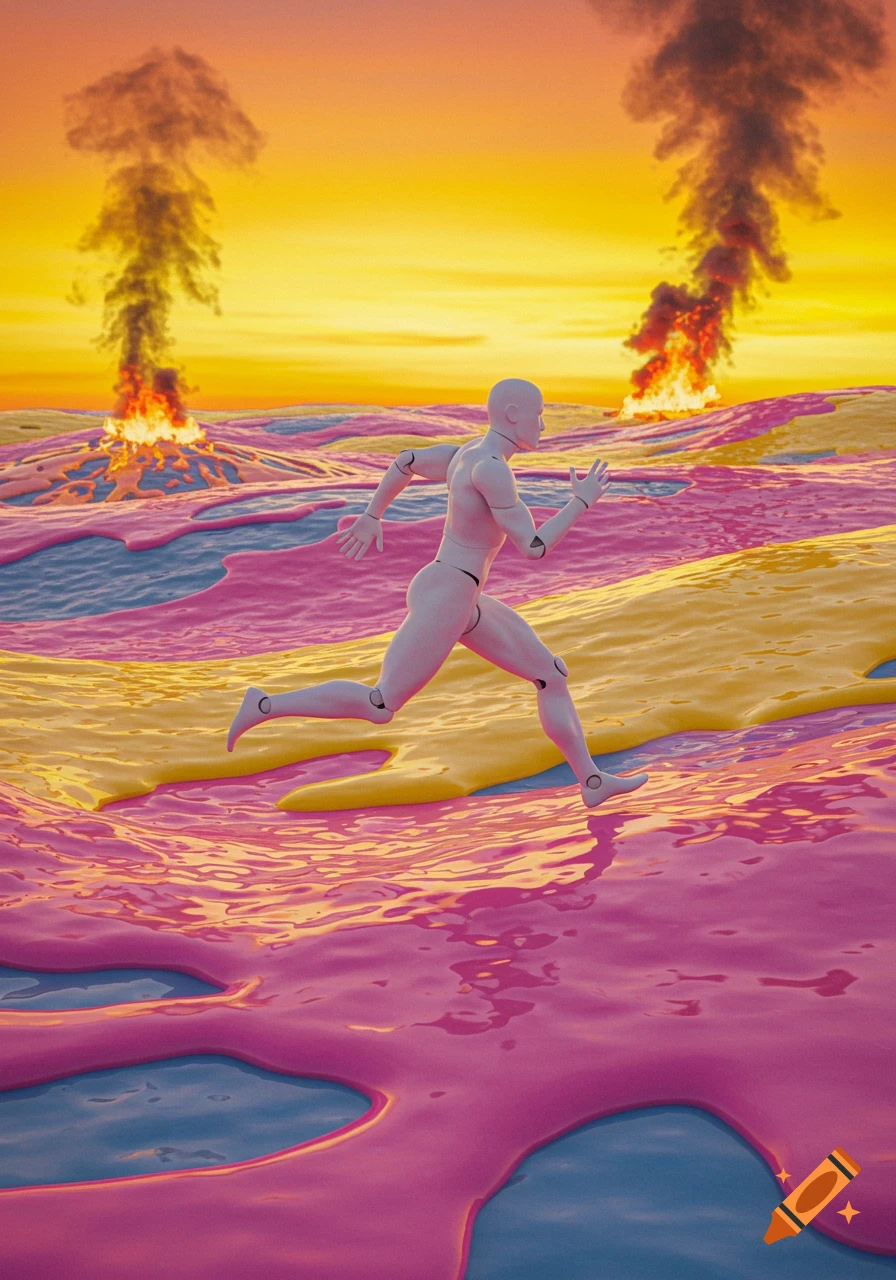 A white plastic figure runs across a vibrant melting landscape of pink, yellow, and blue, with two fiery explosions in the distance under an orange sky.