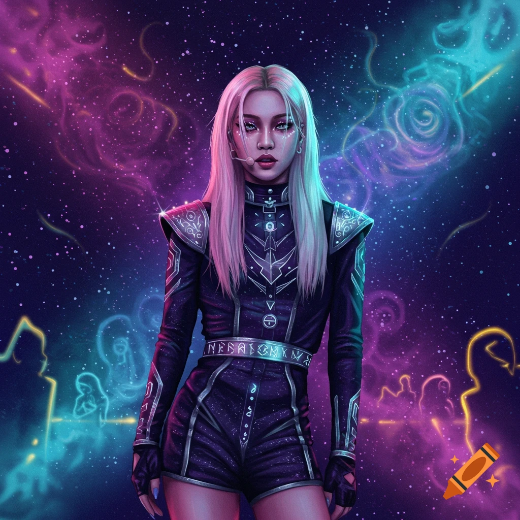 A woman with blonde and pink hair in a dark futuristic suit with silver accents stands against a neon nebula background.