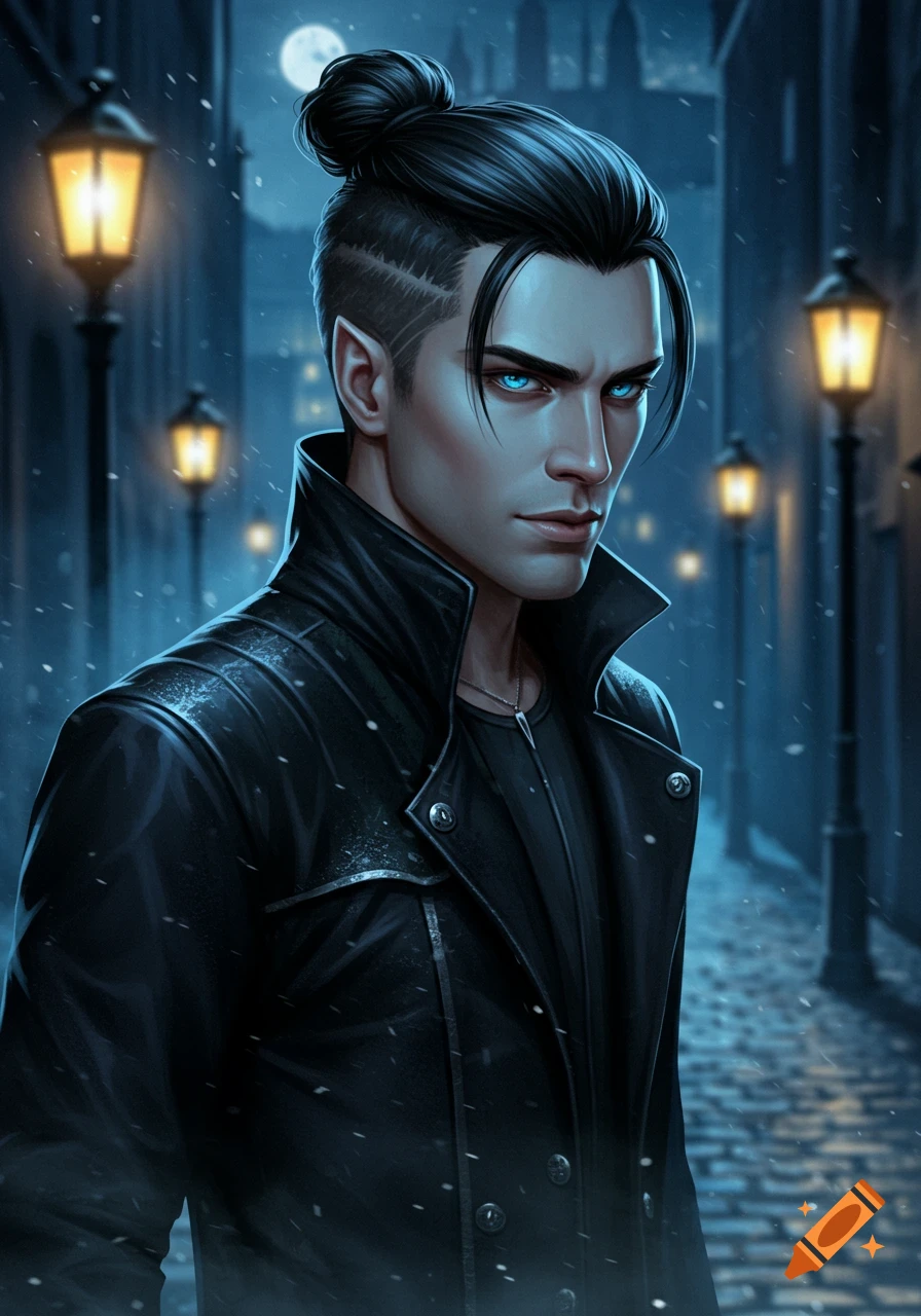 A stylized digital art portrait of a handsome man with dark hair in a bun, shaved sides, and striking blue eyes, wearing a black leather jacket, standing on a snowy cobblestone street at night under lamplights.