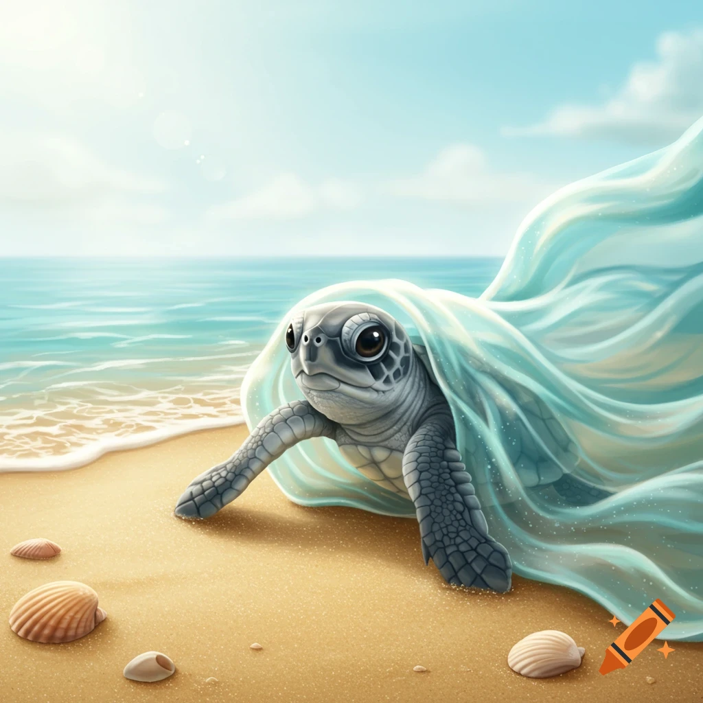A cute baby sea turtle on a sandy beach with a blue wave-like element, ocean in background. Digital art.
