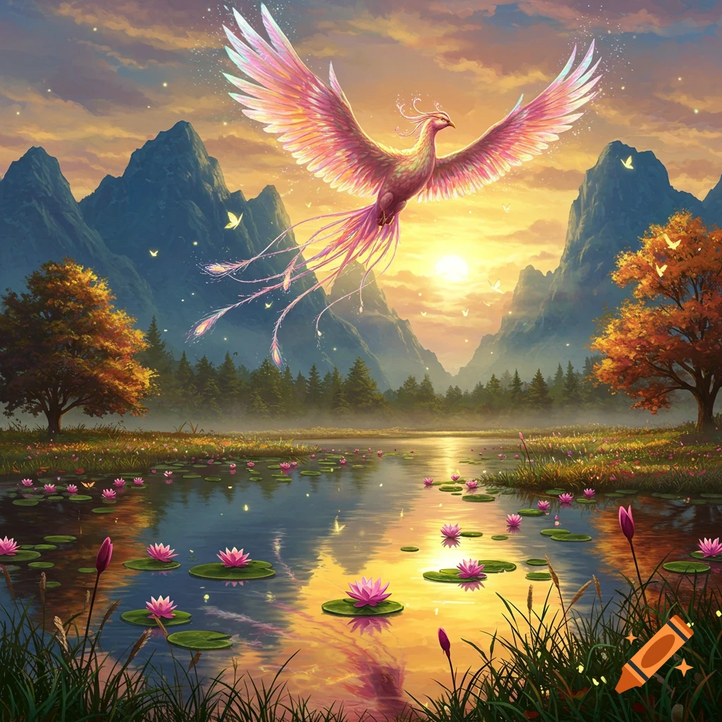 A vibrant phoenix with shimmering pink and yellow wings flies over a serene lake with water lilies at sunset, surrounded by mountains.