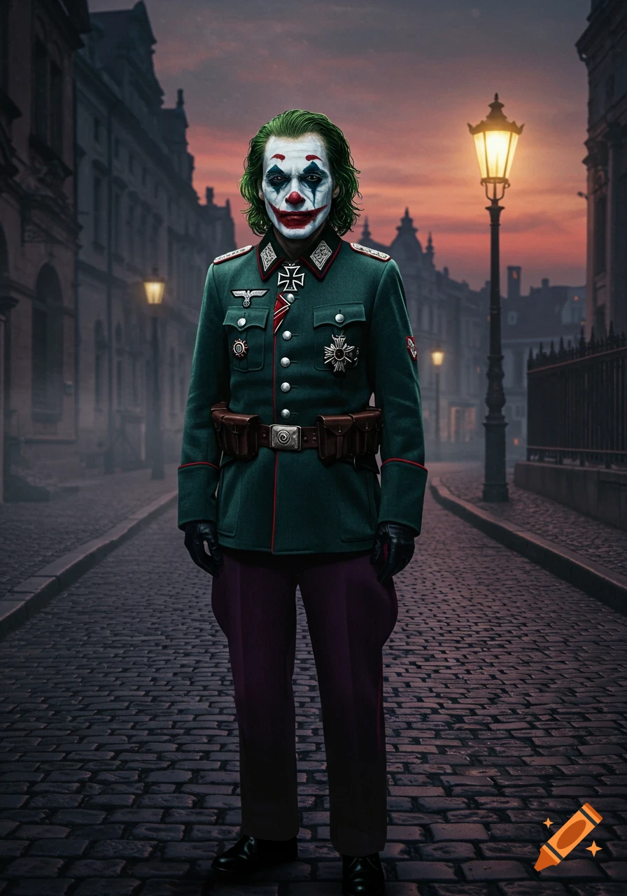 The Joker dressed as a German soldier stands on a cobblestone street at dusk, surrounded by old buildings and streetlights. He wears a green uniform with medals and a belt with pouches.