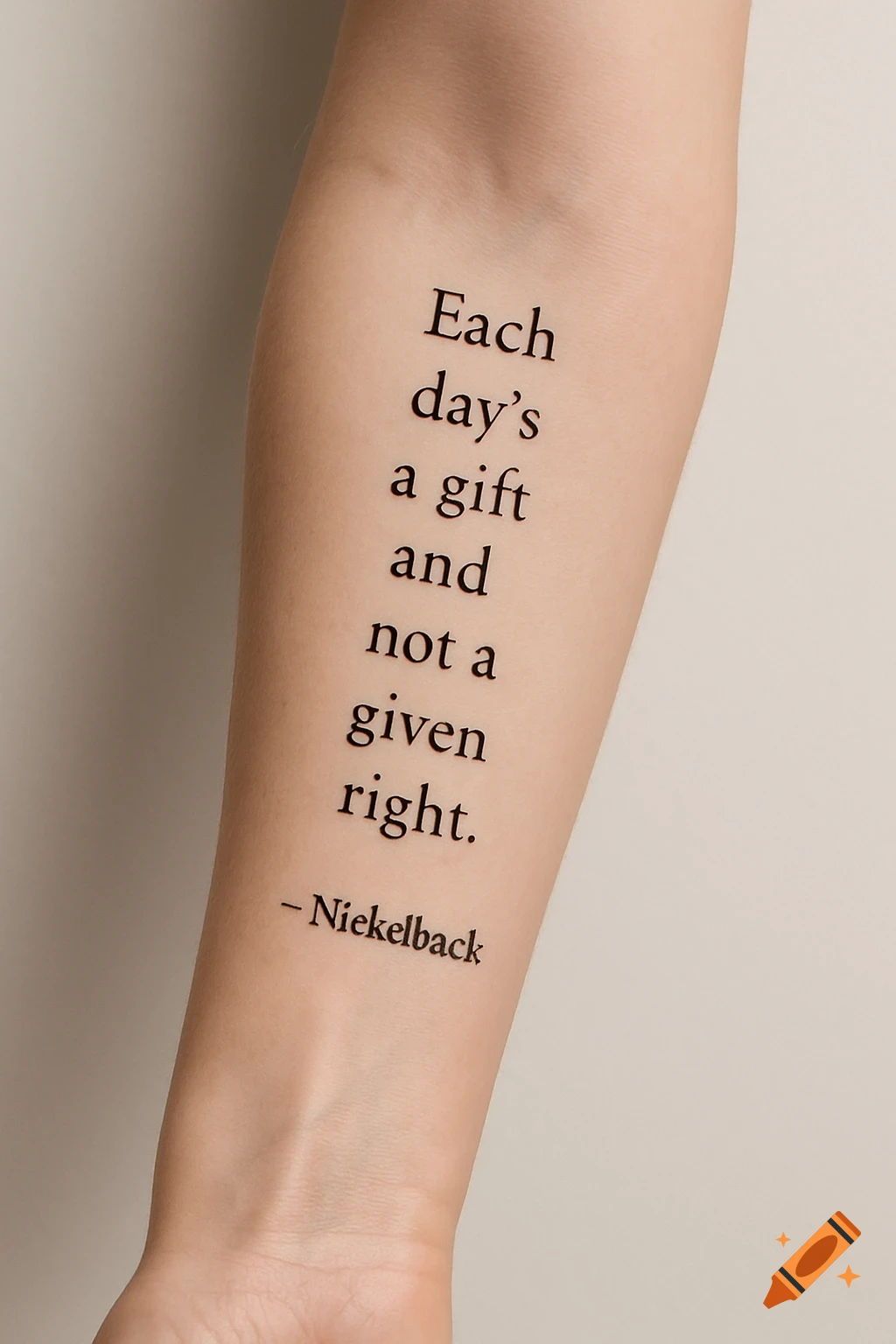 Close-up of a forearm with a black text tattoo that reads "Each day's a gift and not a given right. - Niekelback."