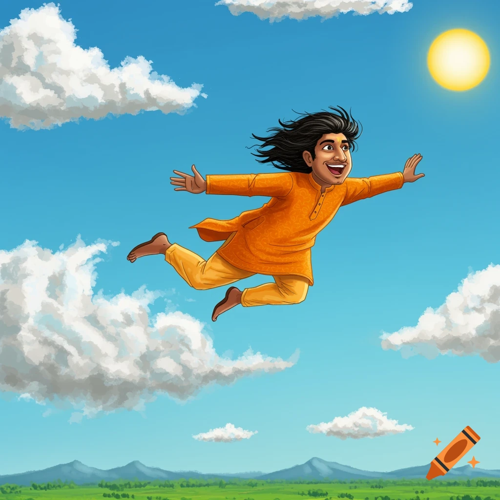 Cartoon man in orange clothes with long dark hair flying through a blue sky with white clouds over a green landscape.