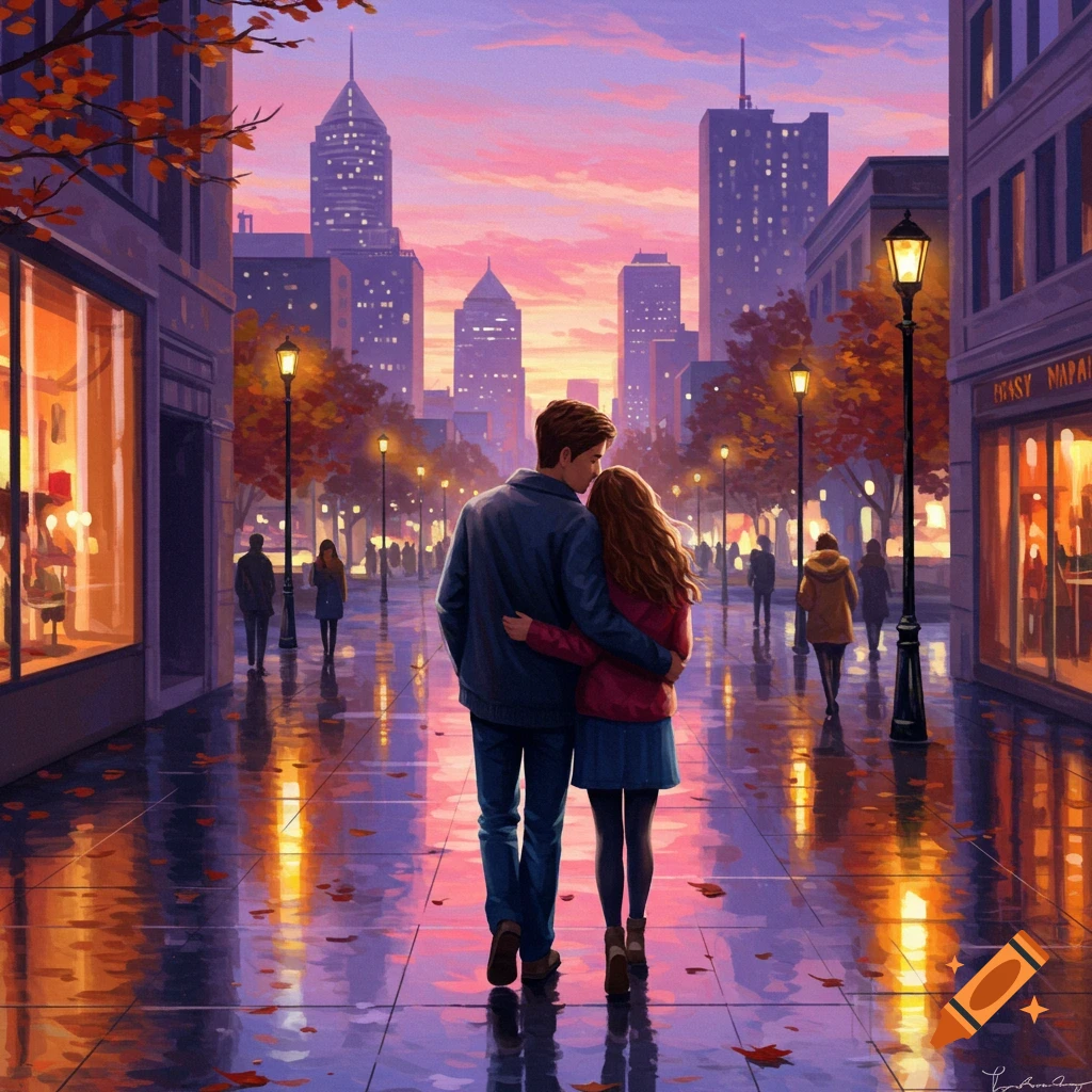 Illustration of a couple walking arm-in-arm down a wet city street at sunset, with buildings and trees reflecting in puddles.