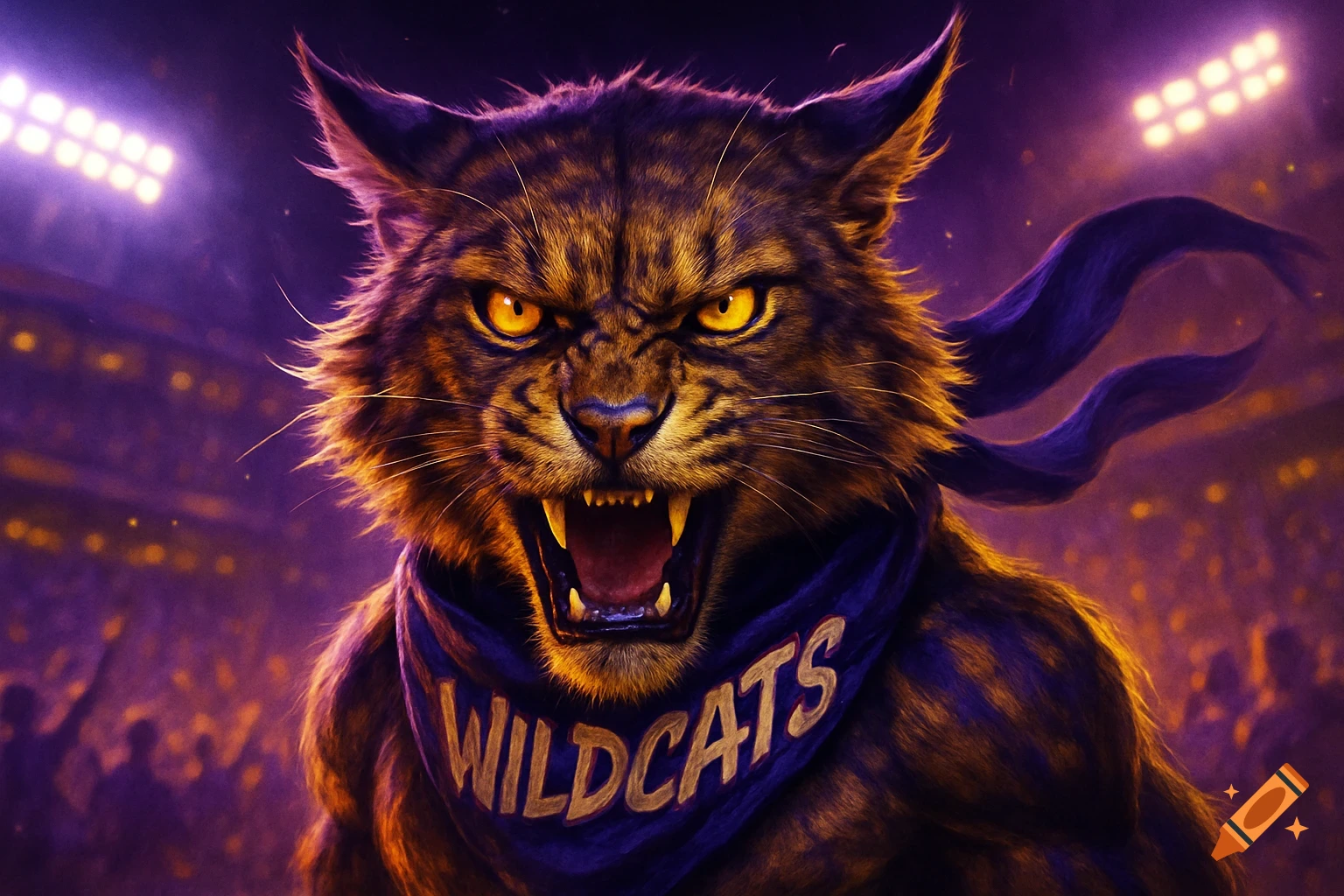 Angry wildcat mascot with glowing eyes and a 'WILDCATS' bandanna, standing in a stadium with purple lights.