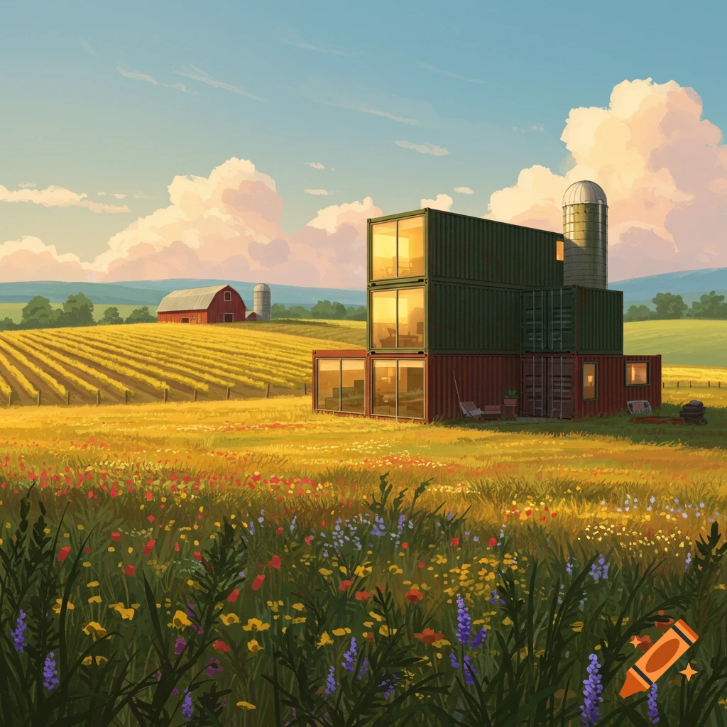 Stylized illustration of a shipping container house in a wildflower field with a farm and barn in the background under a sunny sky.