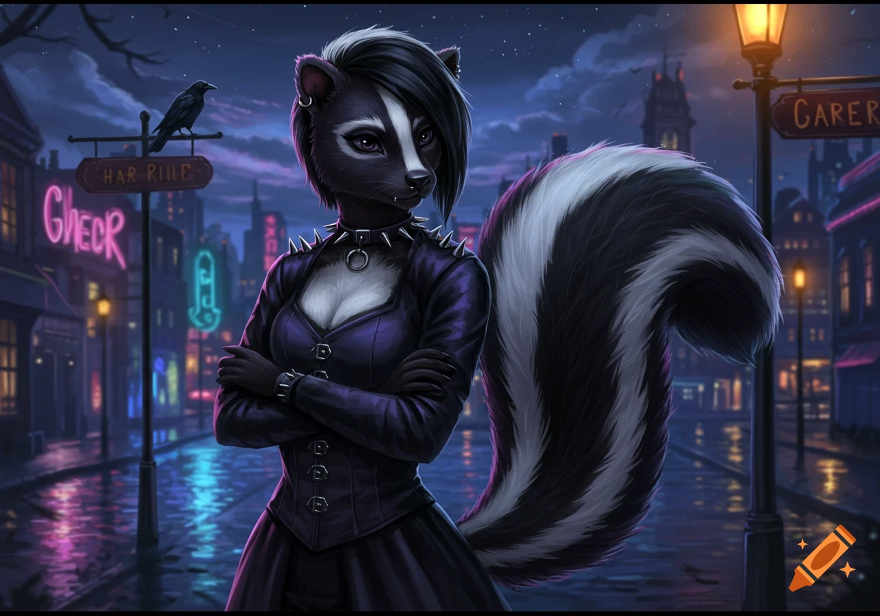A goth anthropomorphic skunk with black and white fur and short hair stands with crossed arms on a wet, neon-lit city street at night, with a crow on a sign.
