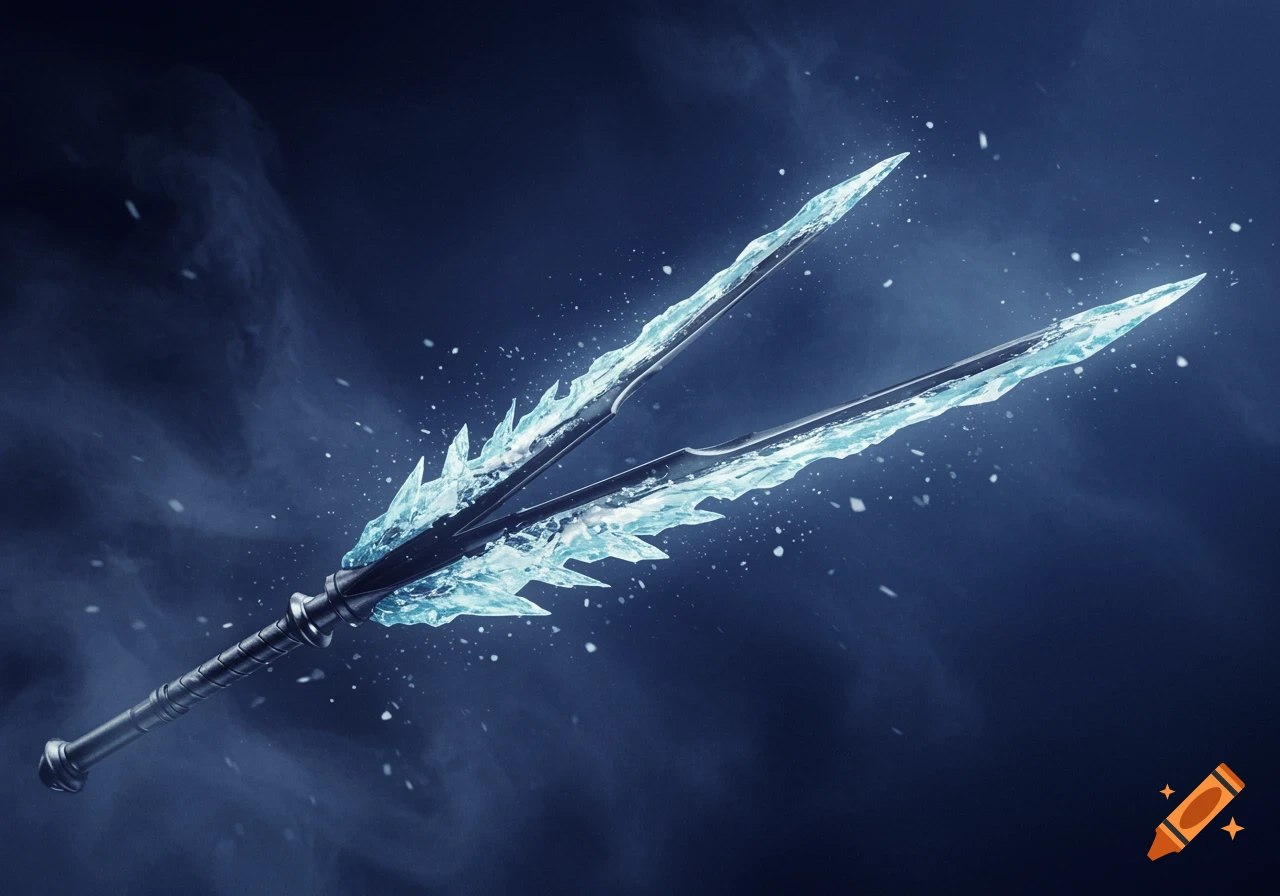 A dual-bladed fantasy weapon with jagged ice blades on a dark handle, set against a smoky blue background with glowing particles.