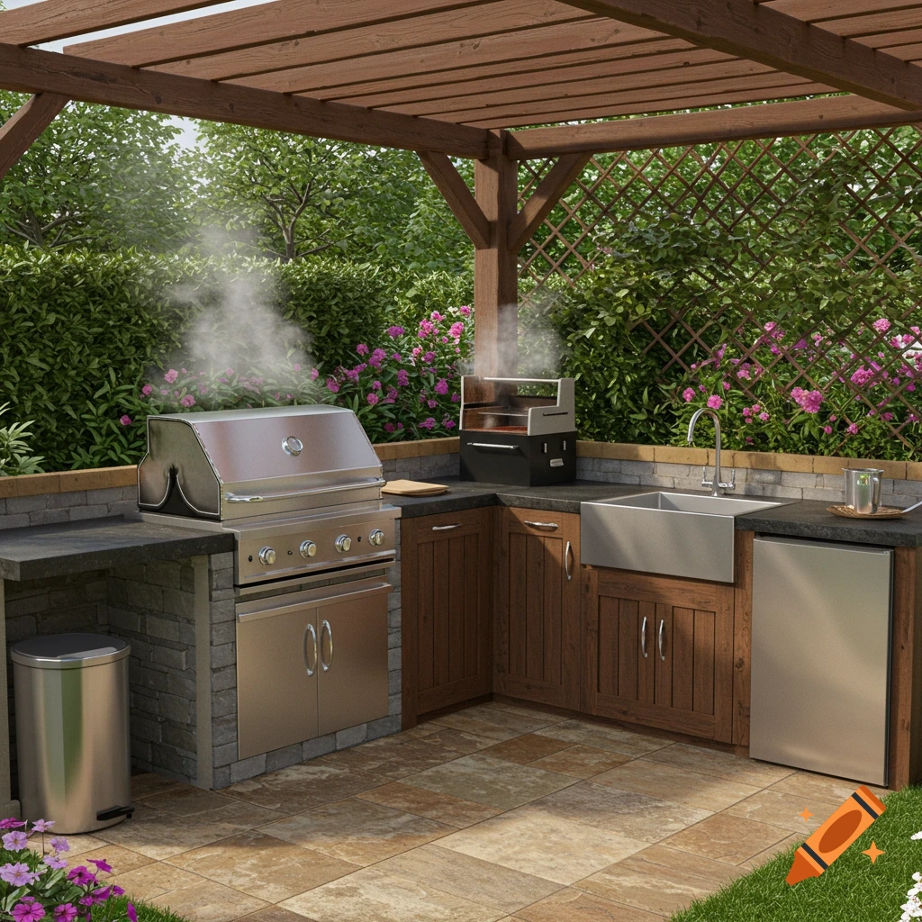 A photorealistic outdoor kitchen with a large BBQ grill, sink, smoker, and fridge under a wooden pergola, surrounded by lush green plants and pink flowers.