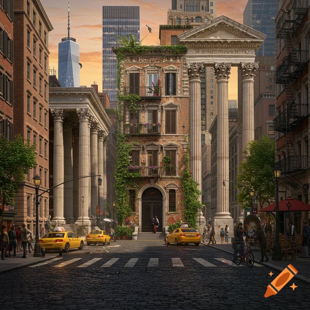 A photorealistic street scene combining Roman and New York architecture with yellow cabs, people, and a cobblestone street under an orange sky.