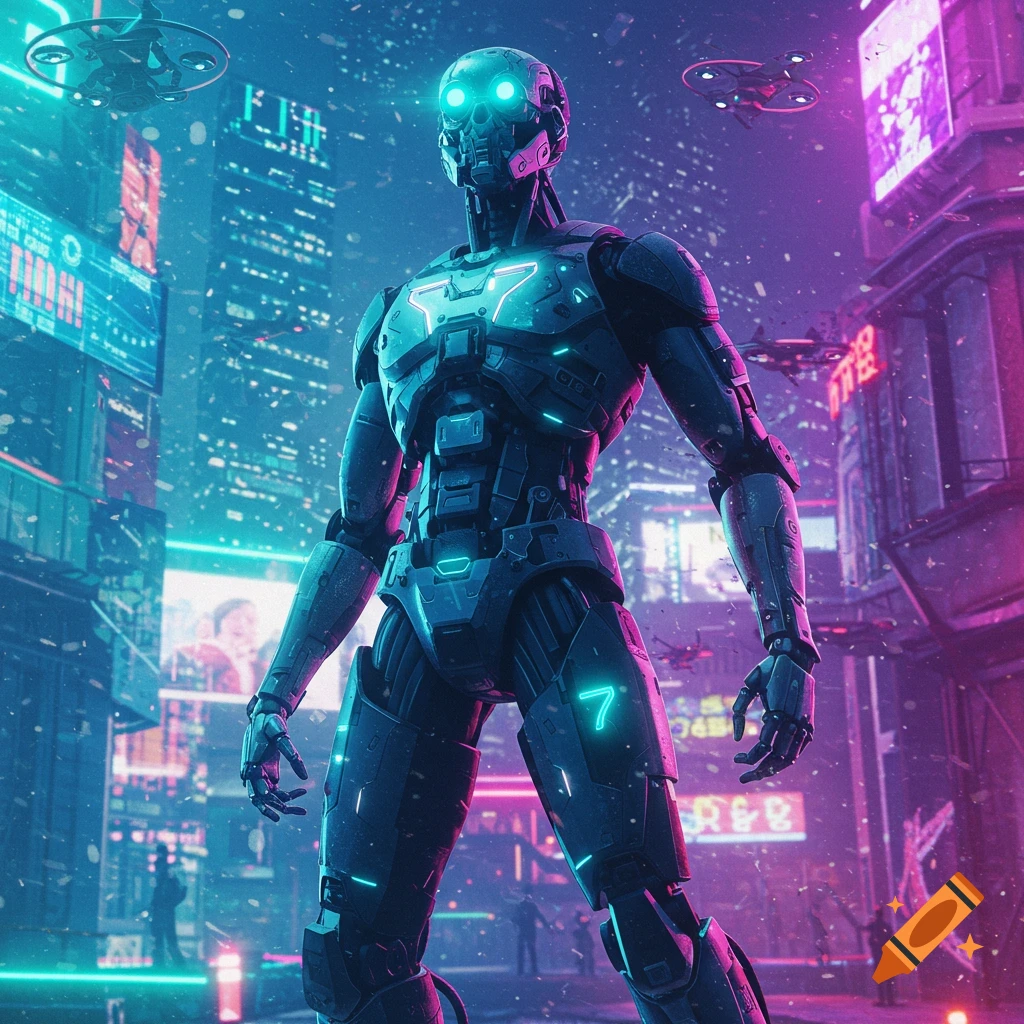 A humanoid robot with glowing blue eyes stands prominently in a vibrant, neon-lit futuristic city at night, with flying drones.
