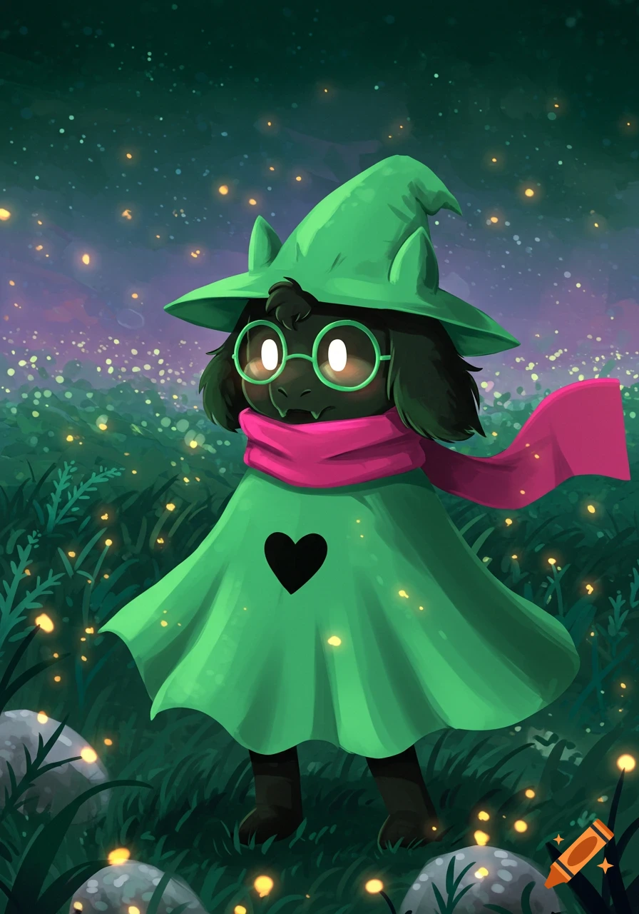 A dark, goat-like character named Ralsei, wearing a green wizard hat, a green cloak with a black heart, and a pink scarf, stands in a glowing field at night.