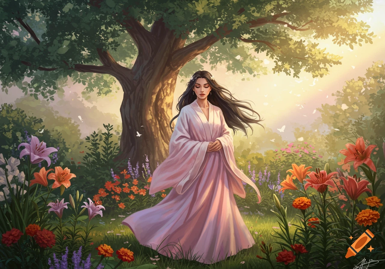 A serene woman in a flowing pink robe stands in a lush, sunlit garden surrounded by vibrant flowers and a large tree, in a digital illustration.