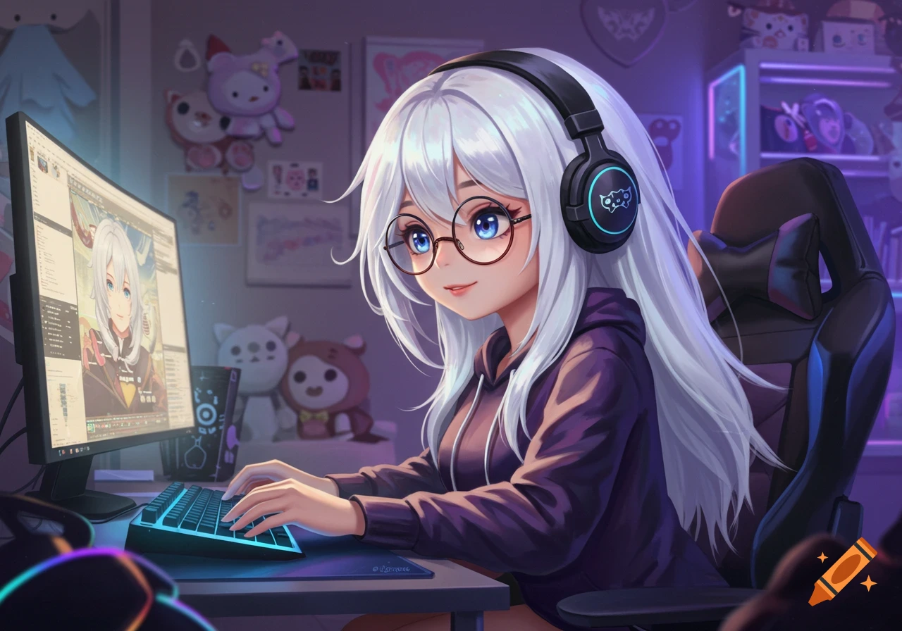 Anime girl with white hair and glasses playing games on a computer in a purple-lit room.