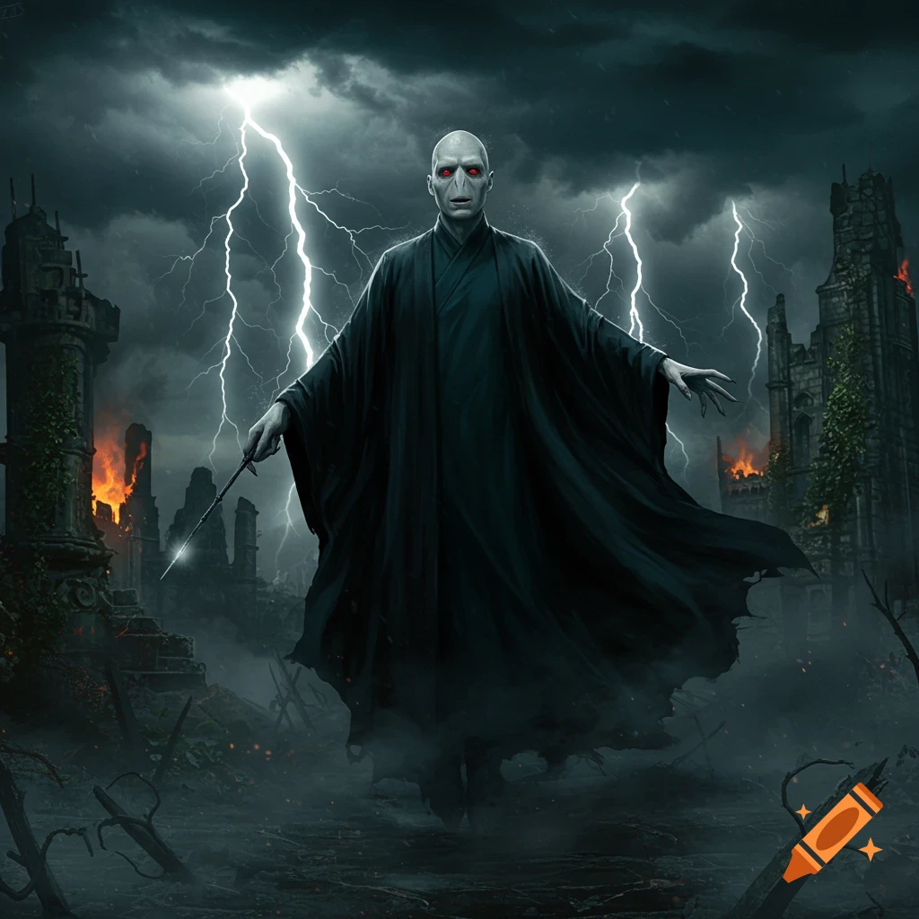 Voldemort stands in a dark, ruined landscape with lightning striking behind him and fires burning in the distance.