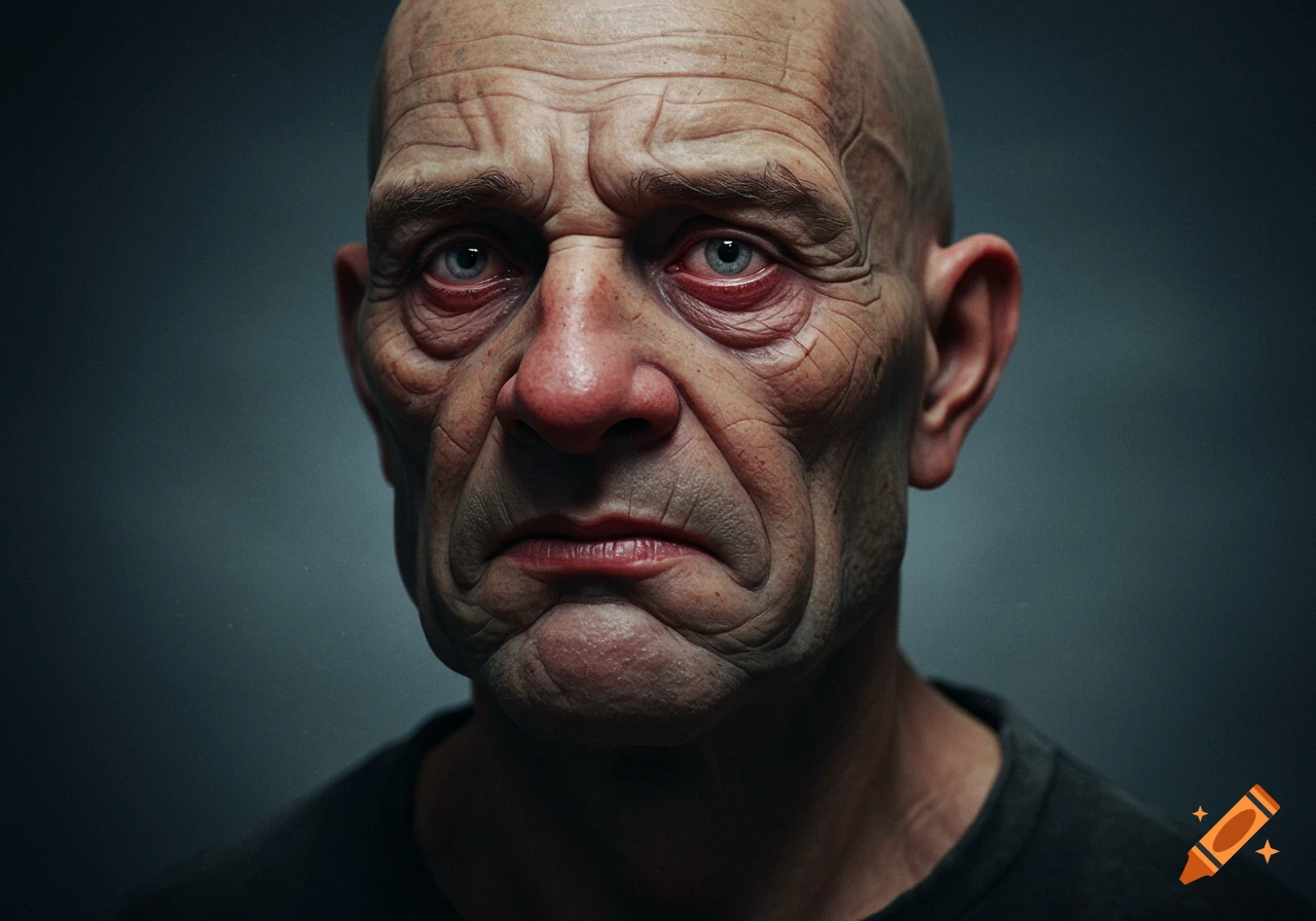 Close-up photorealistic portrait of a bald, very wrinkly older man with bloodshot eyes and a sad expression.