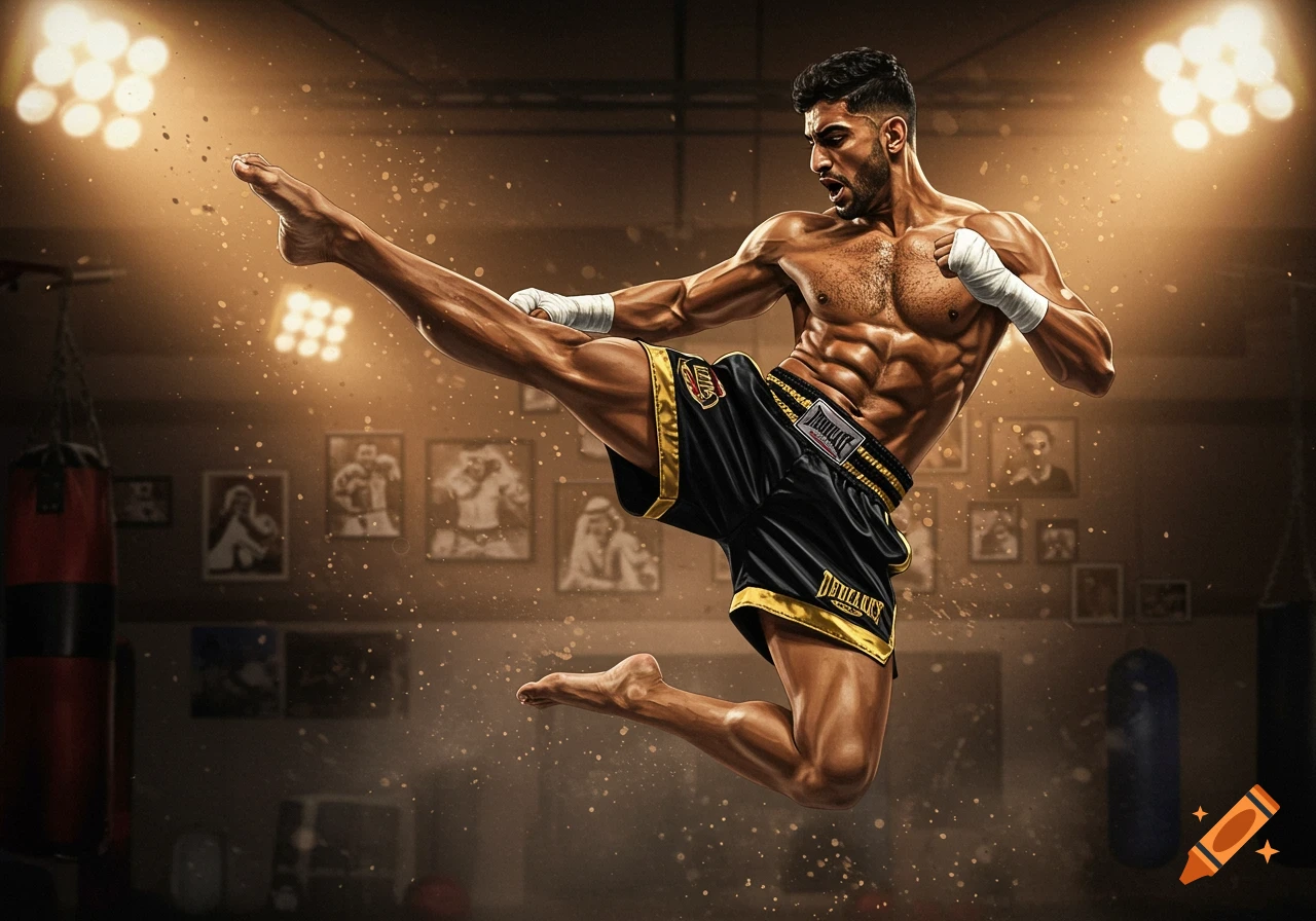 A muscular Arab male kickboxer in black and gold shorts performs a powerful high kick mid-air in a dimly lit gym.