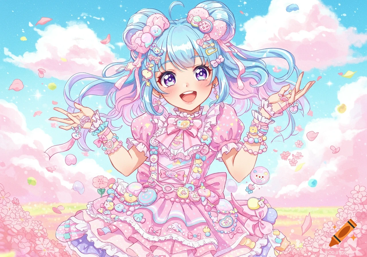 A cheerful anime girl with blue and pink hair in a frilly pink dress covered in pastel accessories, standing among pink clouds and petals.