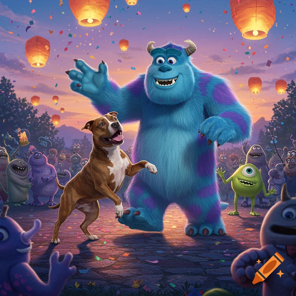 Sully from Monsters Inc. and a pitbull dog celebrate under sky lanterns and confetti with other monsters.