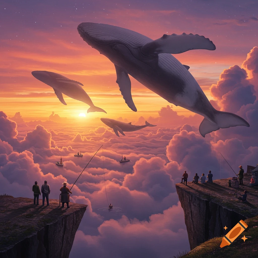 Surrealistic image of whales swimming through sunset clouds above people fishing from cliffs and boats in the sky.