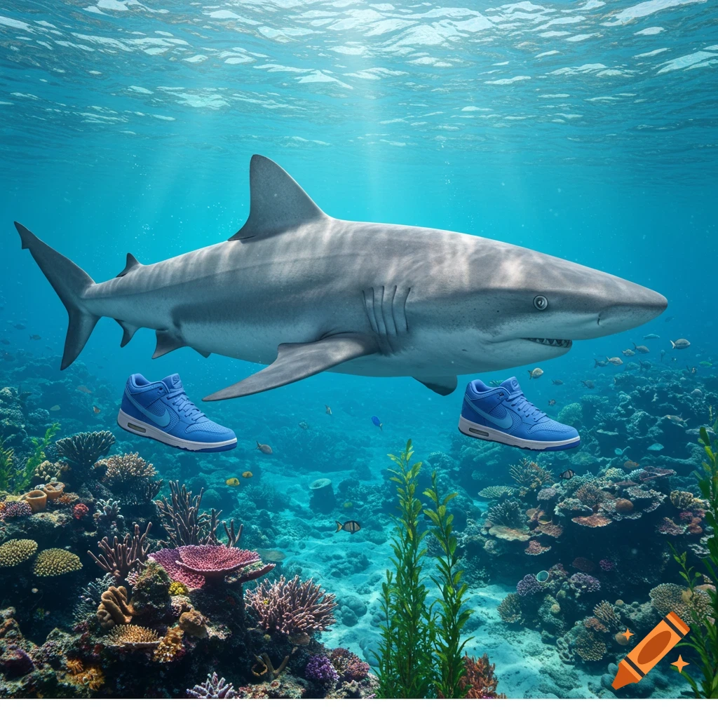 A large shark swims through clear blue ocean water above a vibrant coral reef, with two blue sneakers floating beside it.