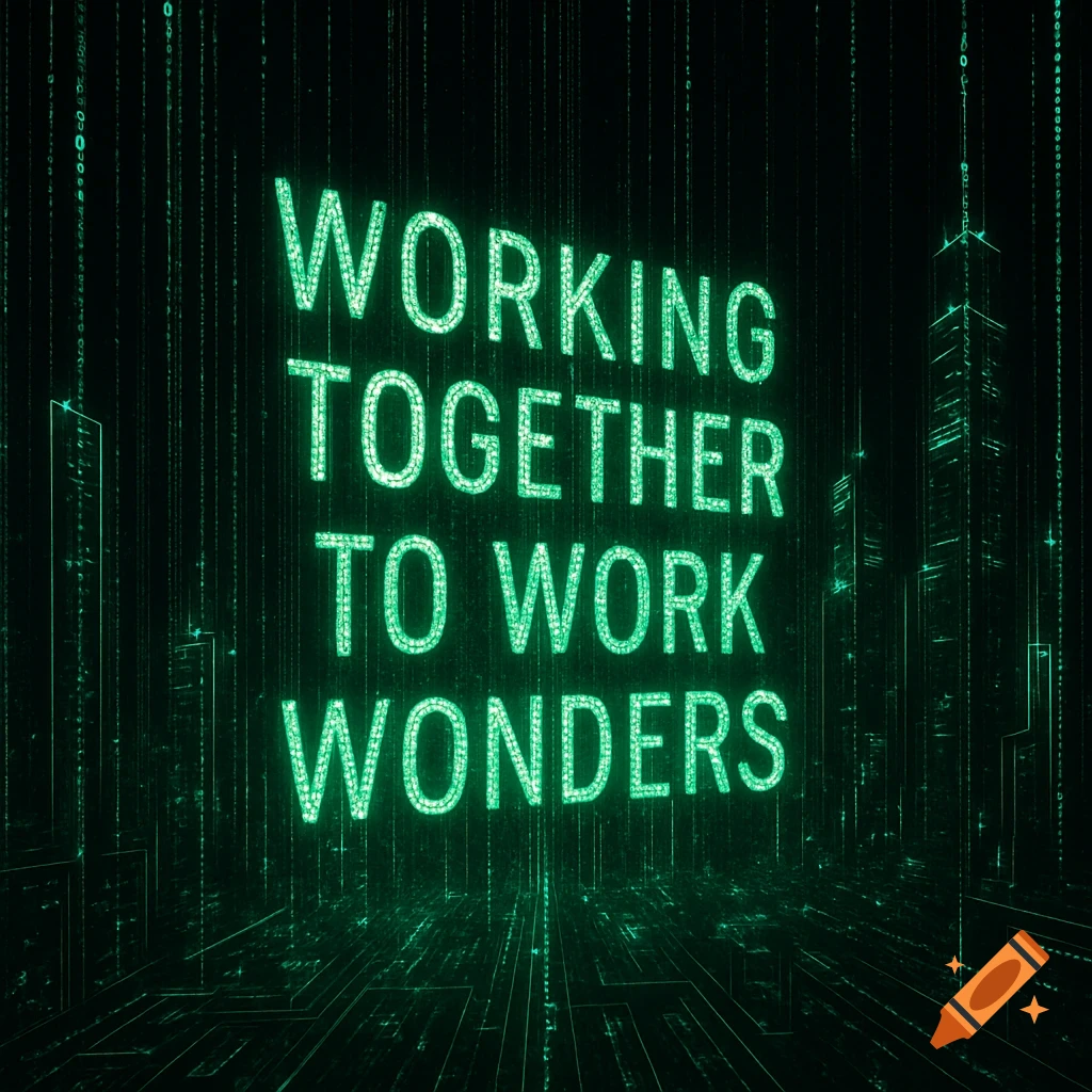 Green glowing text 'Working Together to Work Wonders' in a Matrix-style digital rain cityscape.
