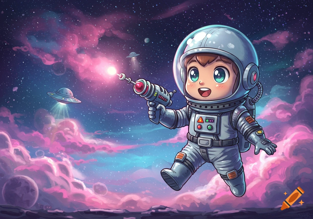 A cute chibi astronaut floating in space, holding a laser gun, with colorful nebulae and UFOs in the background.