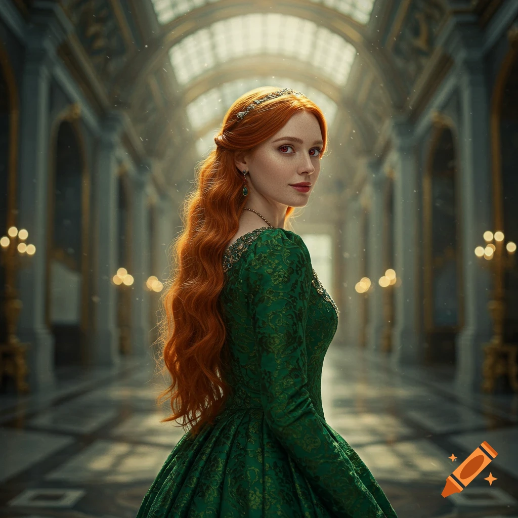 A fair-skinned woman with long auburn hair and a tiara, wearing a dark green medieval-style gown, looks over her shoulder in a grand hall.
