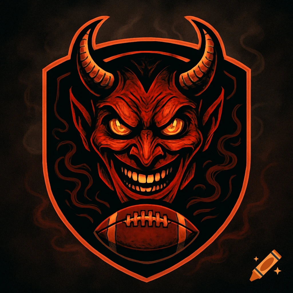 A red devil mascot face with horns, glowing eyes, and a wide smile, with a football below, all within an orange and black shield logo.