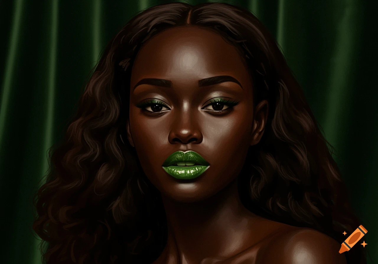 Close-up portrait of a dark-skinned woman with brown wavy hair, green lipstick, and green eye makeup, against a dark green draped background.