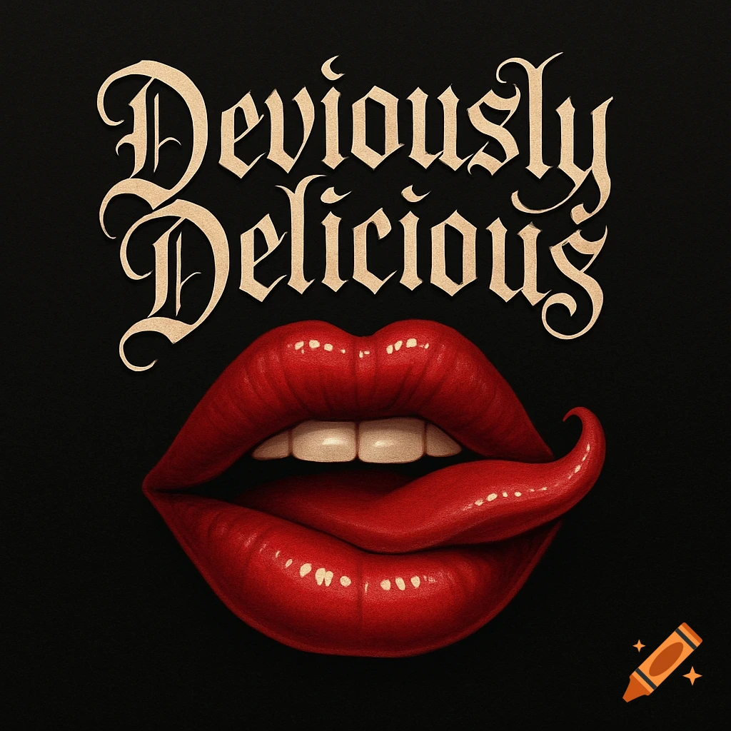 A stylized illustration of glossy red lips with a tongue licking the lower lip, below the text "Deviously Delicious" in a gothic script, on a black background.