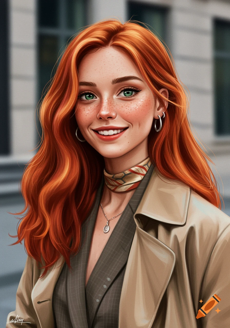 A smiling woman with long, wavy red hair, green eyes, and freckles wears a beige trench coat and a patterned silk scarf in a digital art style.