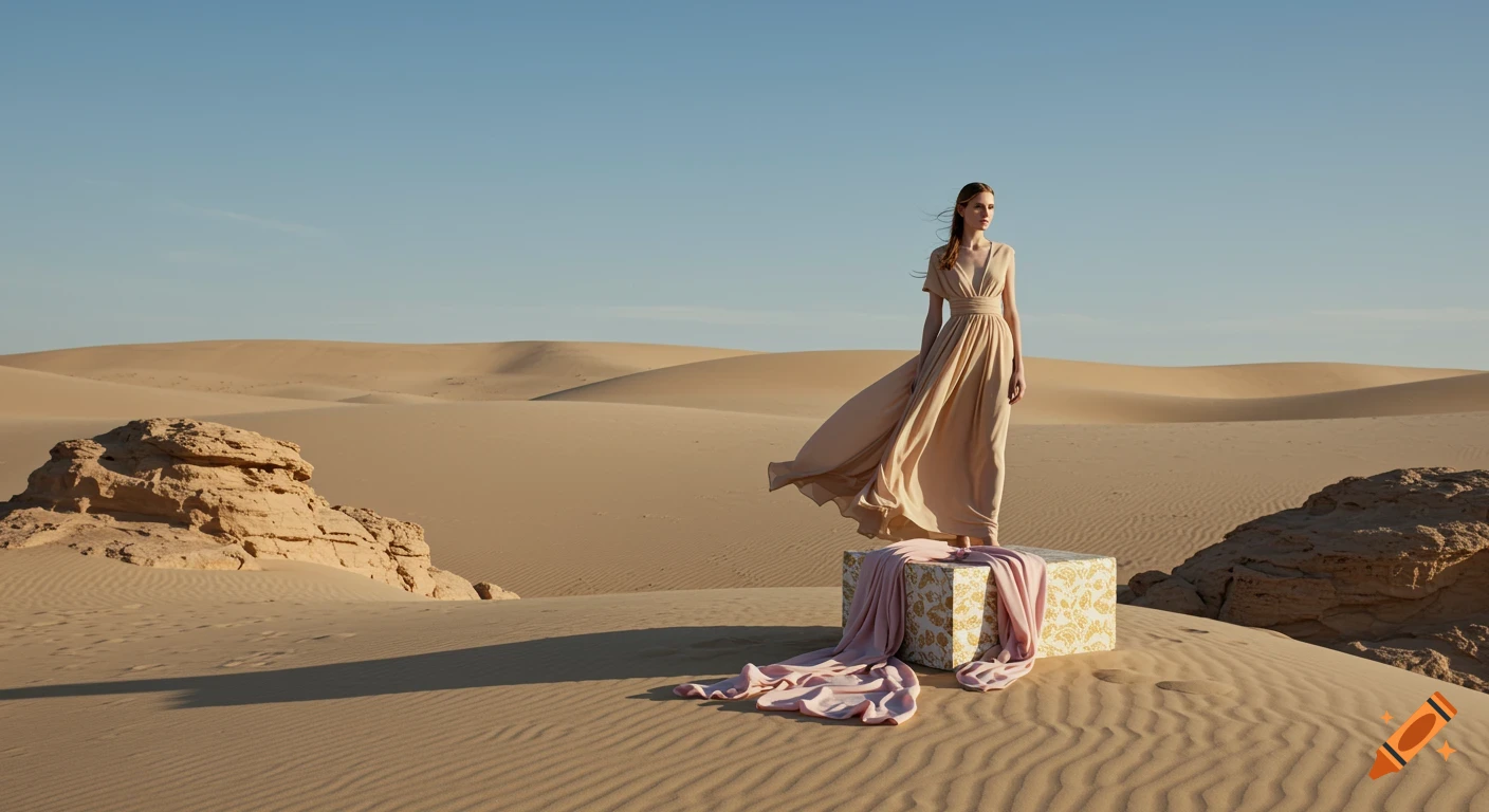 A woman in a flowing beige dress stands on a decorative box in a vast desert landscape.