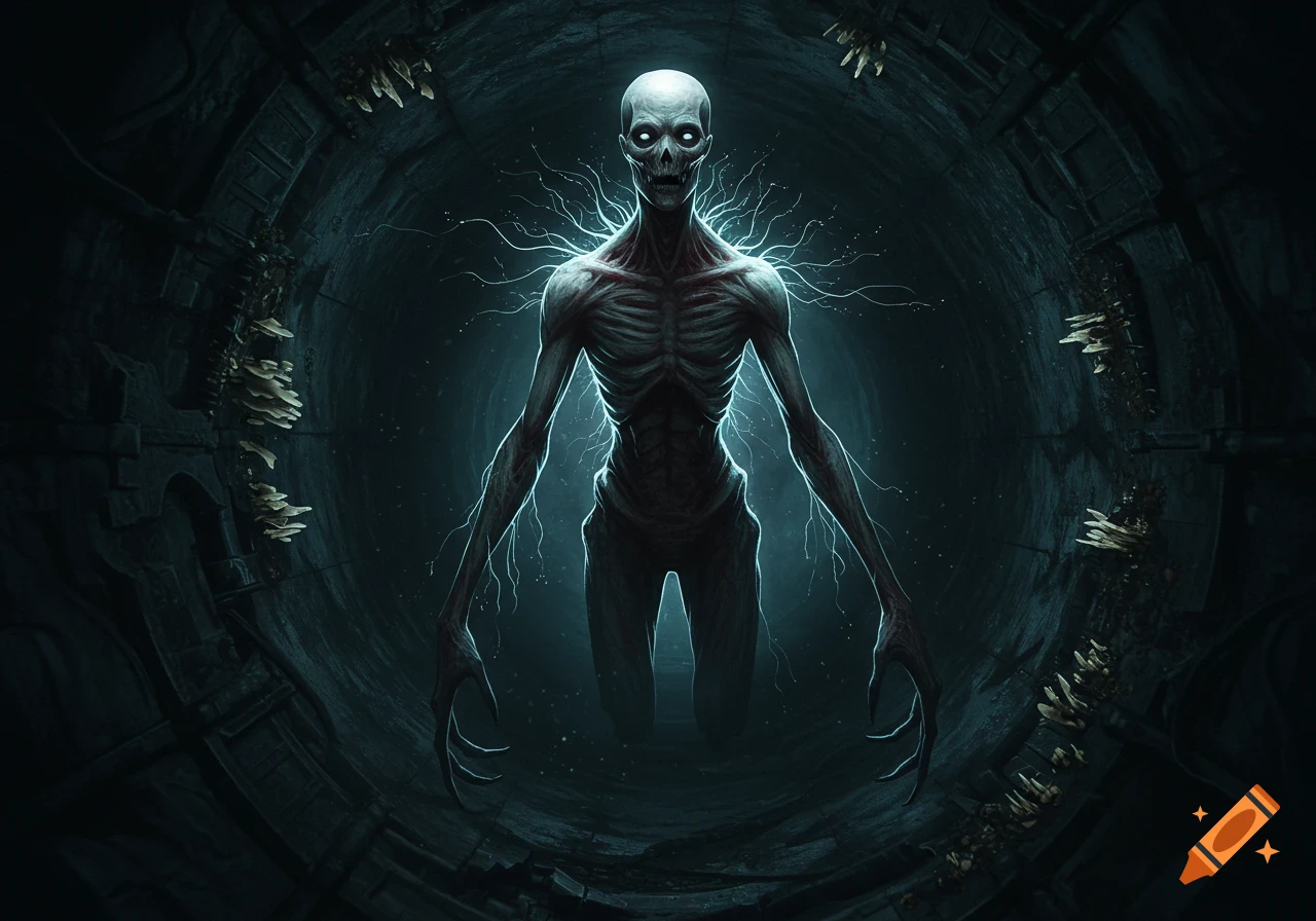A gaunt, pale humanoid creature with glowing tendrils and elongated claws stands in a dark, fungal tunnel.