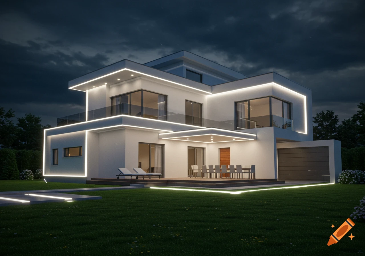 Modern white home exterior at night with glowing white futuristic lights, a green lawn, and a dark sky.
