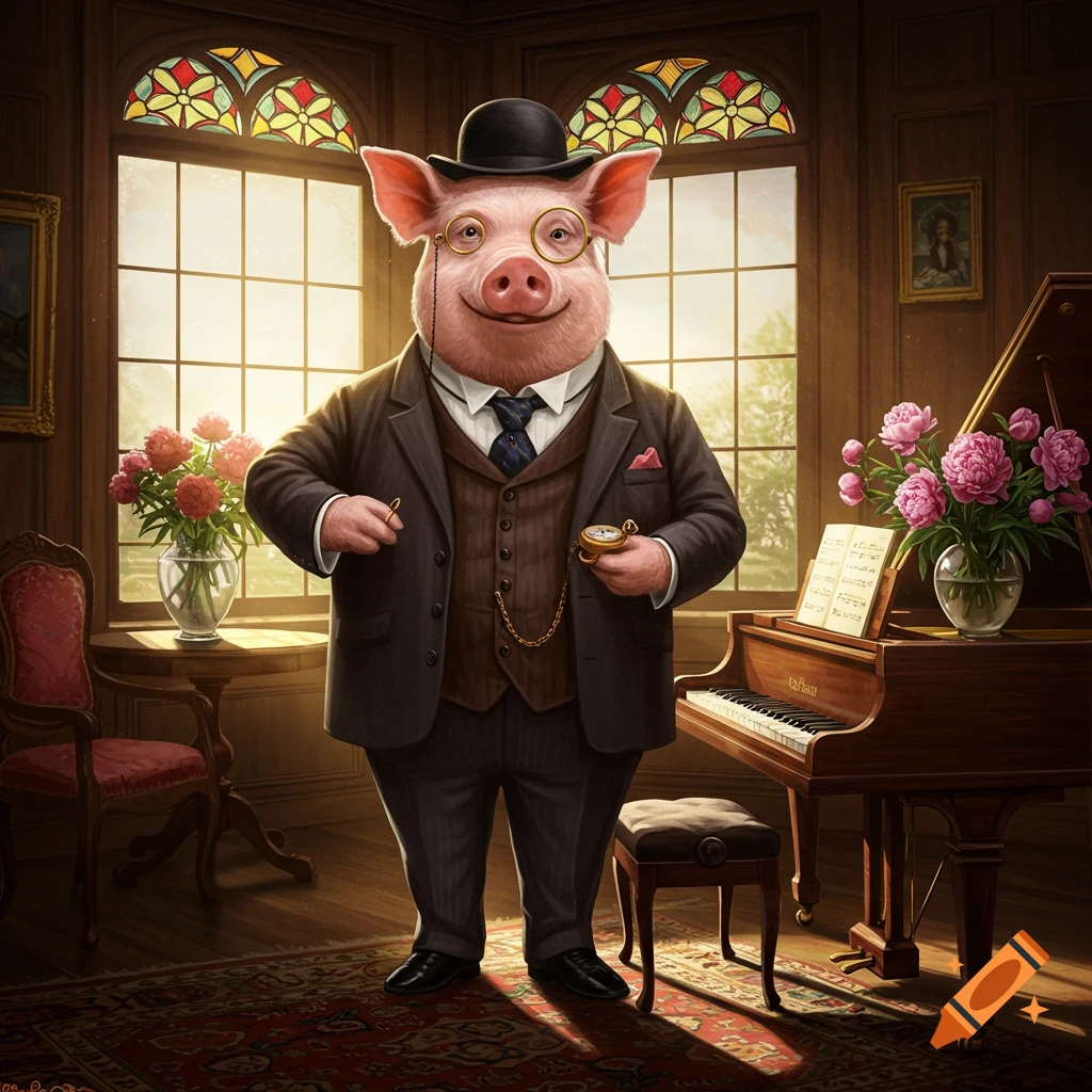 A distinguished anthropomorphic pig in a suit, waistcoat, and bowler hat stands by a grand piano in a lavish room with large windows.