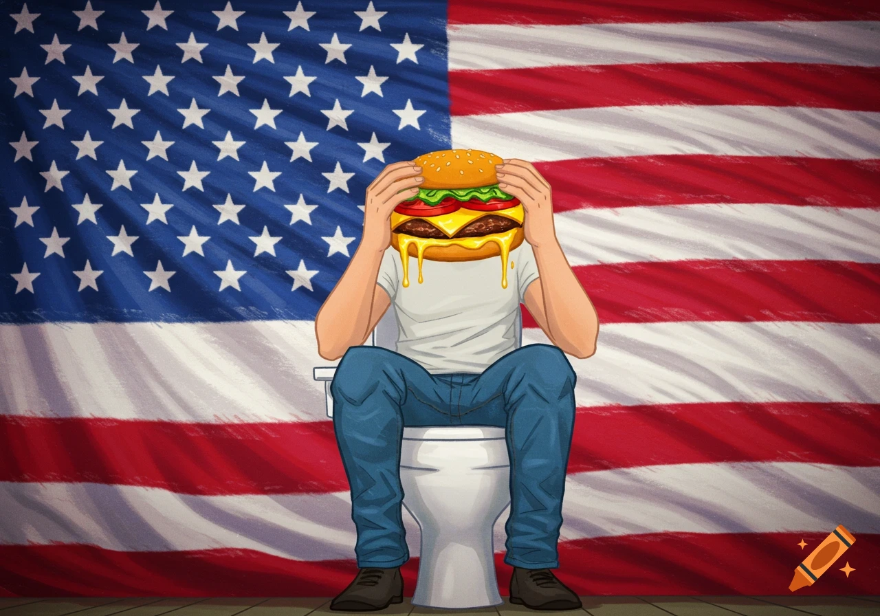 Cartoon illustration of a person with a hamburger head sitting on a toilet, set against an American flag background.