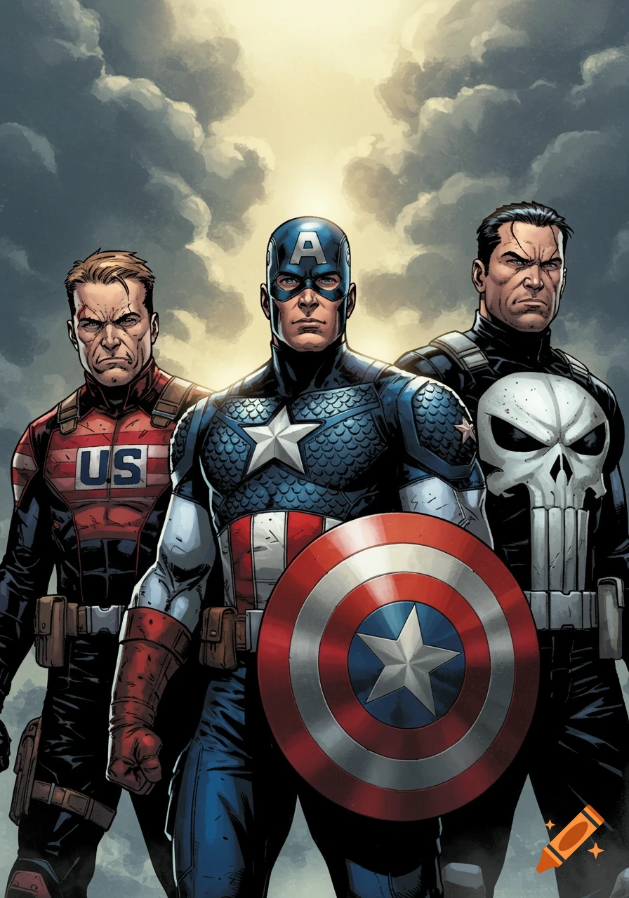 US Agent, Captain America, and The Punisher standing against a cloudy sky in comic book art style.