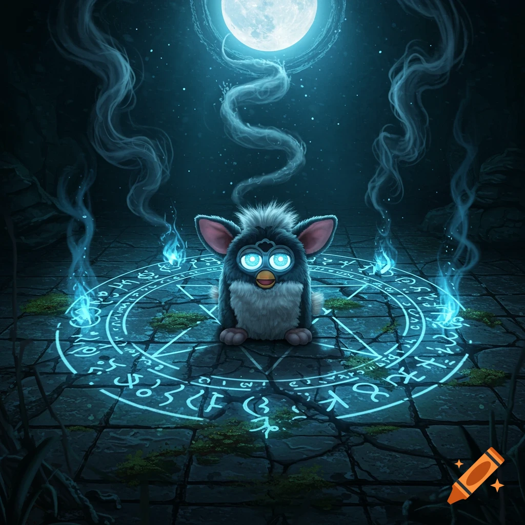 A cute Furby sits in a glowing blue summoning circle on a dark stone floor under a full moon, with mystical smoke and flames.
