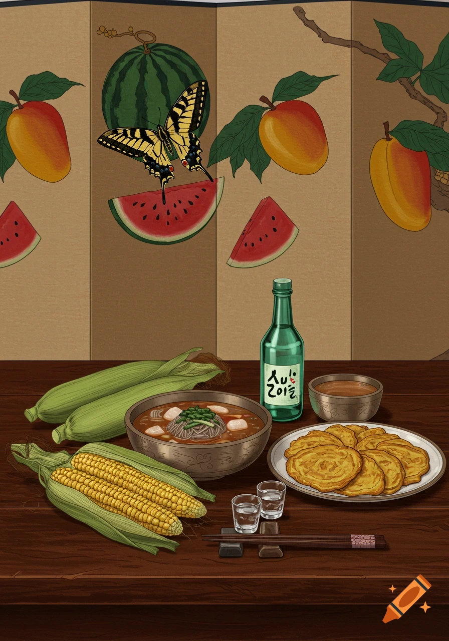 A still life in Korean folk art style featuring a table with soju, naengmyeon, corn, and pancakes, backed by a folding screen with watermelon, mango, and a butterfly.